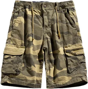 Camo Cargo Shorts for Men Casual Wild Outdoor Combat Pants Drawstring Waist Relaxed Fit Work Short with Multi-Pockets Khaki 34