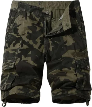 Camo Cargo Shorts for Men Cotton Casual Knee Length Relaxed-Fit Hiking Shorts Stretch Multi-Pockets Workout Short