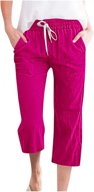 Capri Pants for Women Casual Summer Drawstring High Waist Linen Pants Plus Size Wide Leg Lounges Capris with Pockets