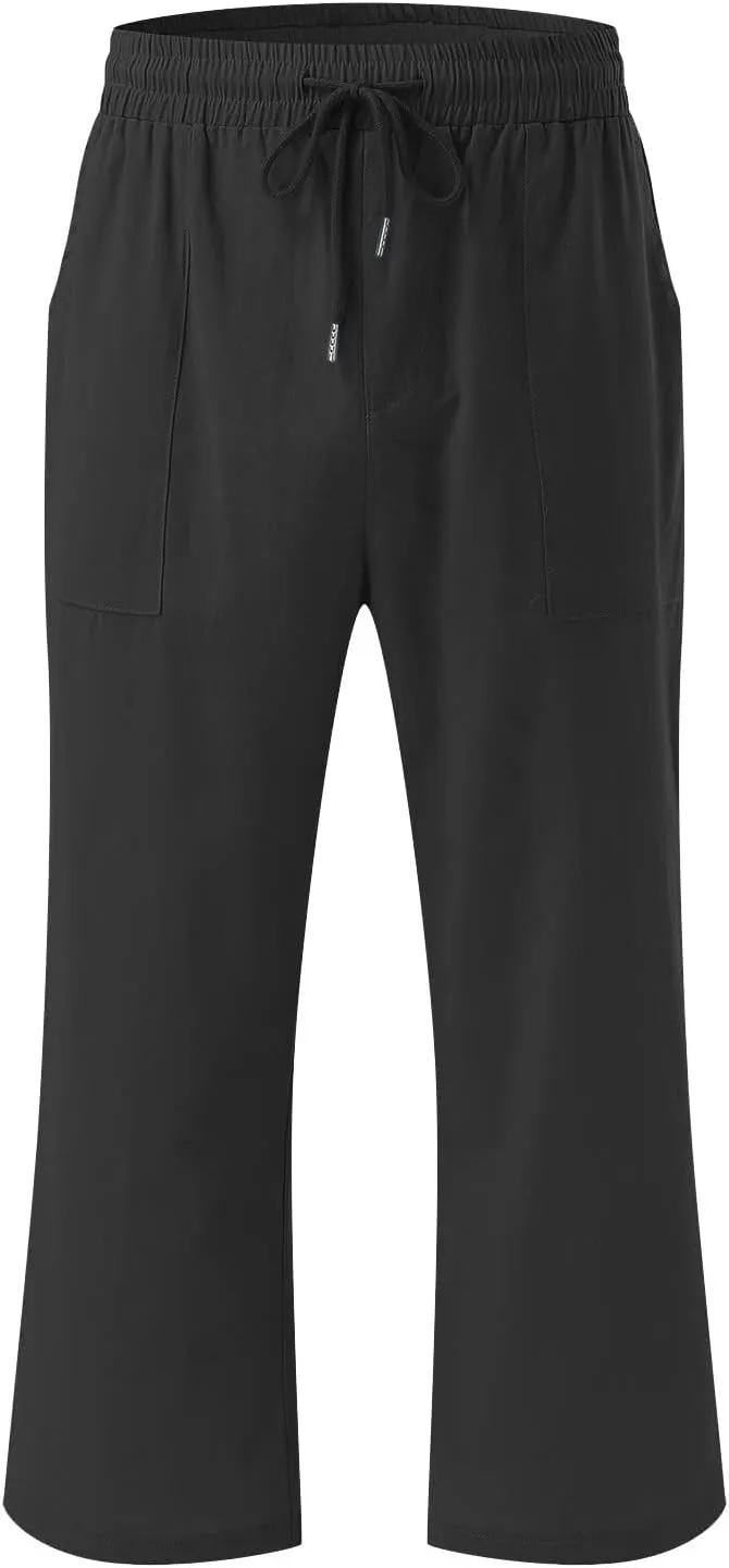 Capri Pants for Women Casual Summer Drawstring High Waist Linen Pants Plus Size Wide Leg Lounges Capris with Pockets