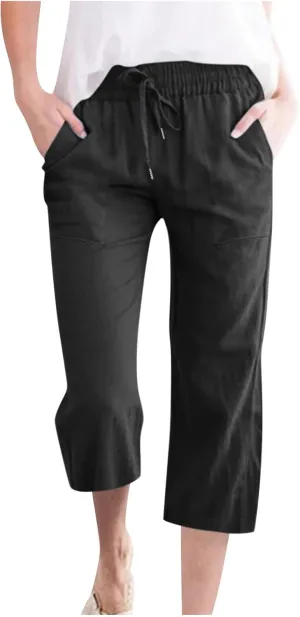 Capri Pants for Women Casual Summer Drawstring High Waist Linen Pants Plus Size Wide Leg Lounges Capris with Pockets
