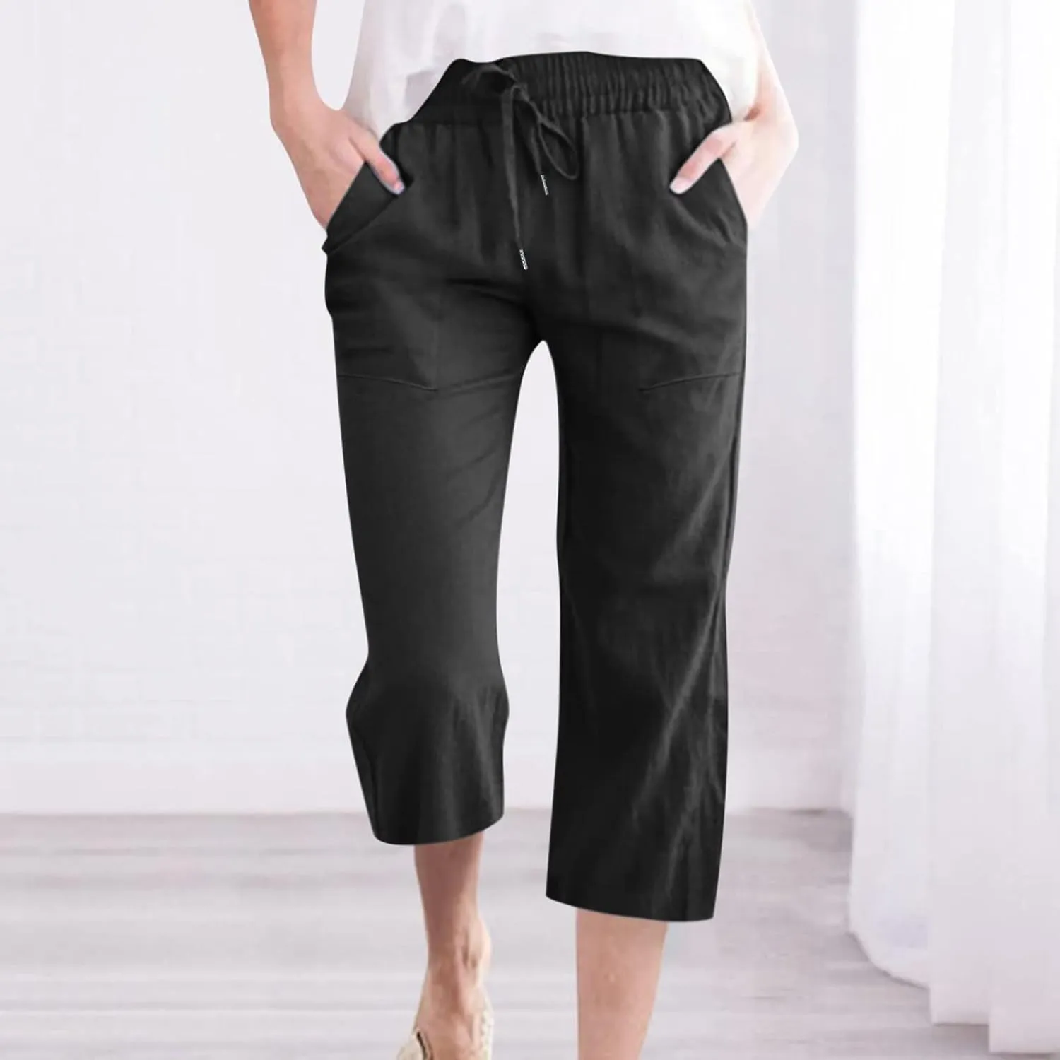 Capri Pants for Women Casual Summer Drawstring High Waist Linen Pants Plus Size Wide Leg Lounges Capris with Pockets
