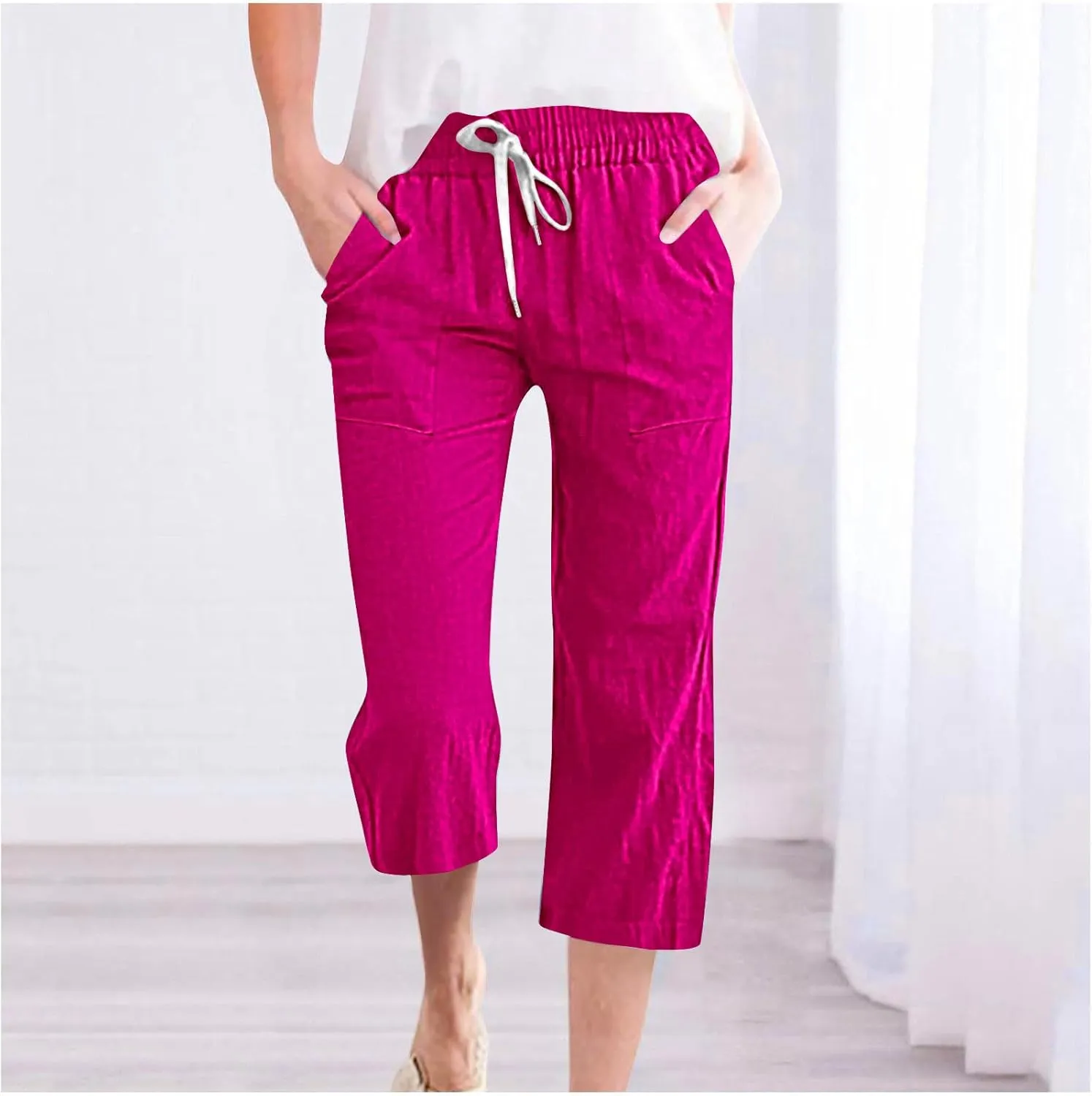 Capri Pants for Women Casual Summer Drawstring High Waist Linen Pants Plus Size Wide Leg Lounges Capris with Pockets