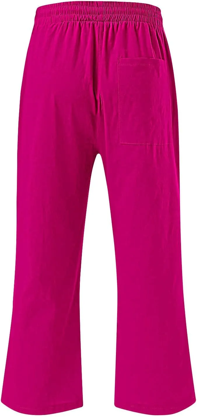 Capri Pants for Women Casual Summer Drawstring High Waist Linen Pants Plus Size Wide Leg Lounges Capris with Pockets