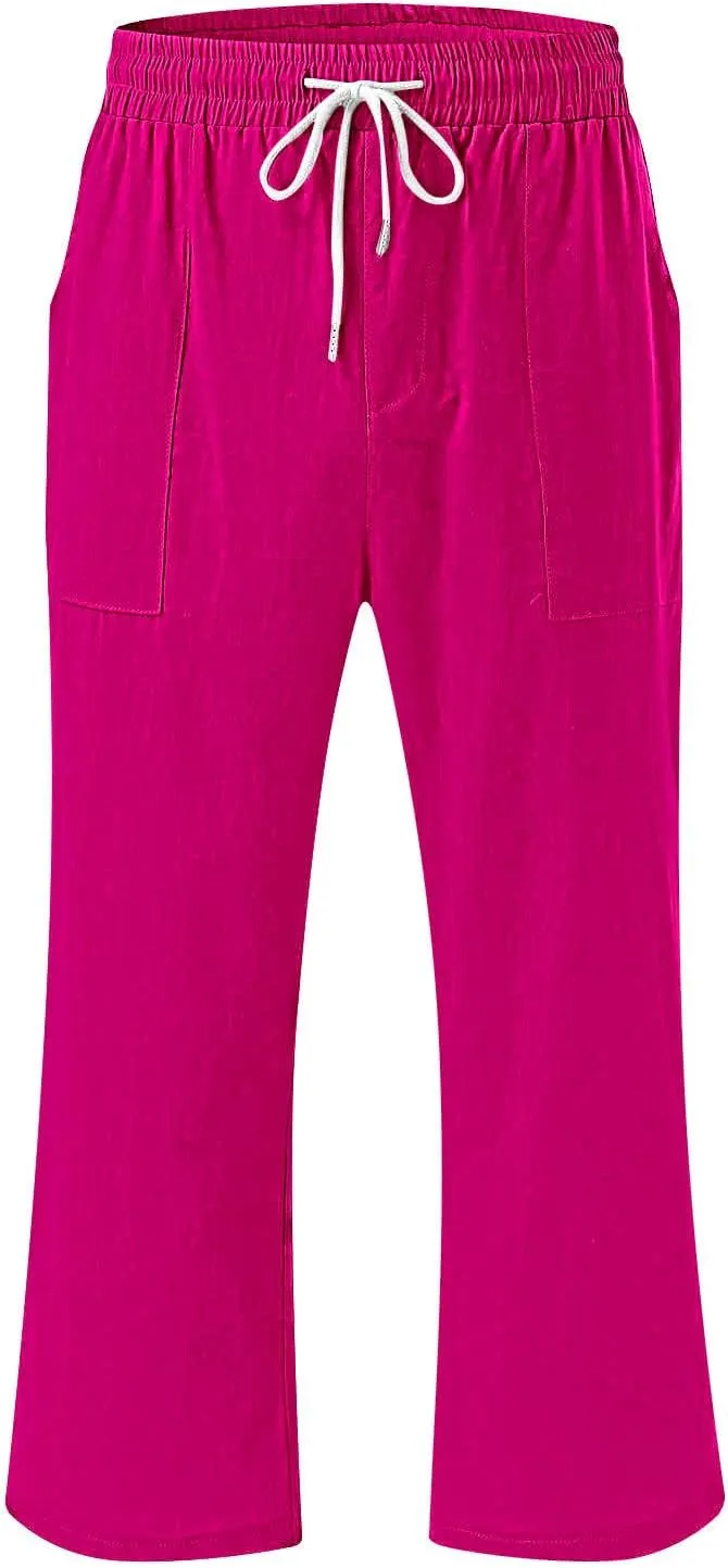 Capri Pants for Women Casual Summer Drawstring High Waist Linen Pants Plus Size Wide Leg Lounges Capris with Pockets