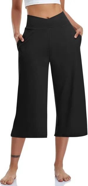 Capri Pants for Womens Casual Wide Leg Yoga Capris Crossover High Waist Cropped Pant Loose Soft Pajama Sweatpants