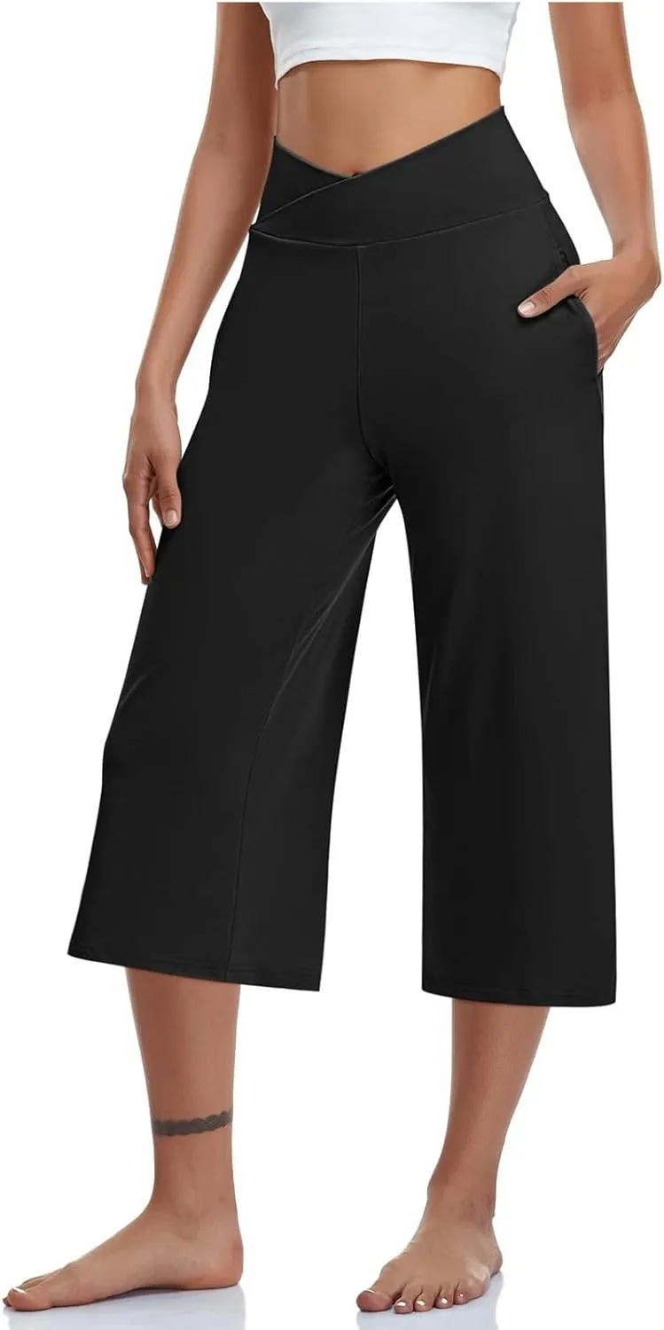 Capri Pants for Womens Casual Wide Leg Yoga Capris Crossover High Waist Cropped Pant Loose Soft Pajama Sweatpants