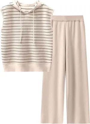 Caracilia Women 2 Piece Outfits Summer Sleeveless Tops Knit Pants Sweater Lounge Matching Sets