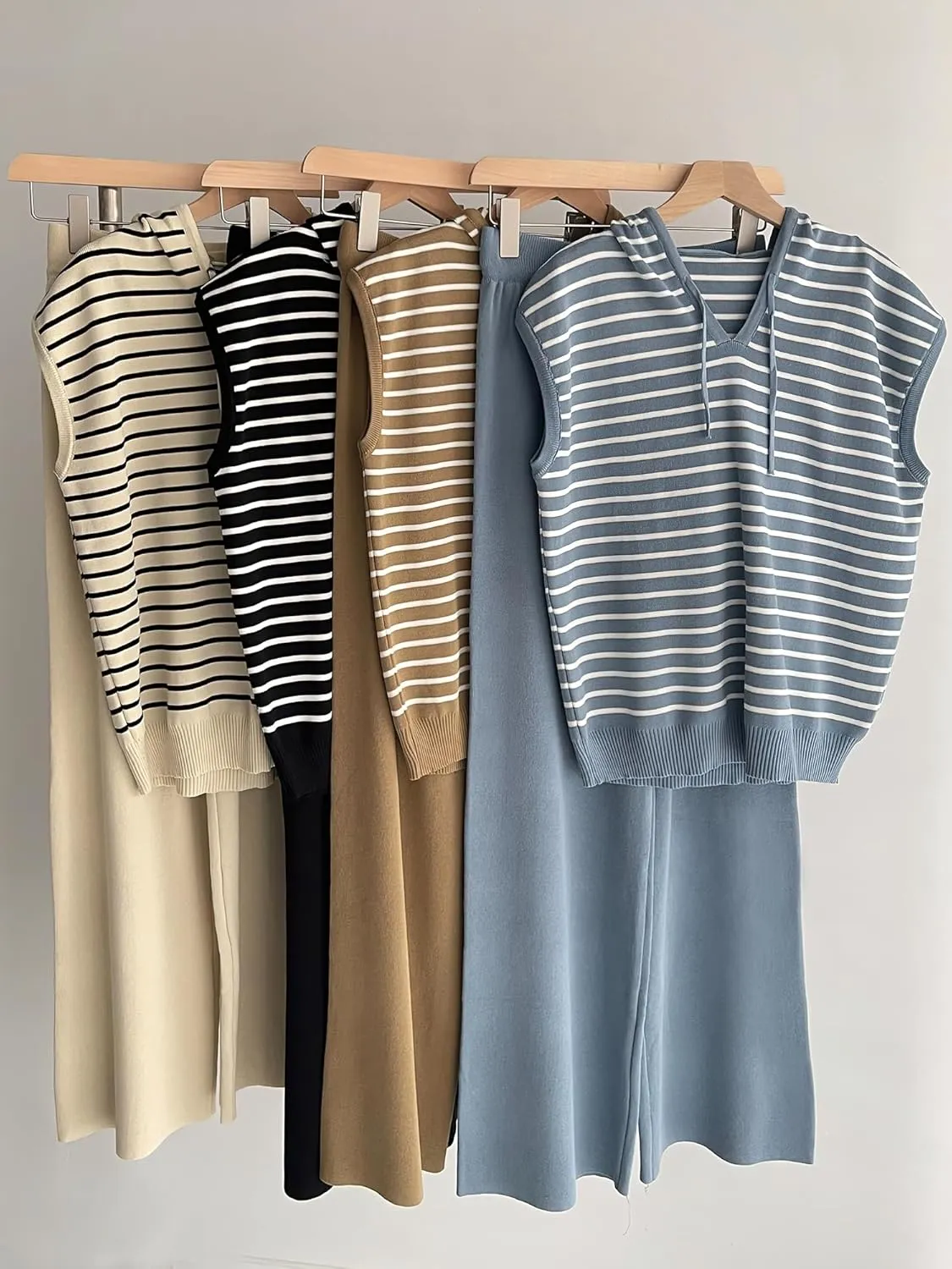 Caracilia Women 2 Piece Outfits Summer Sleeveless Tops Knit Pants Sweater Lounge Matching Sets