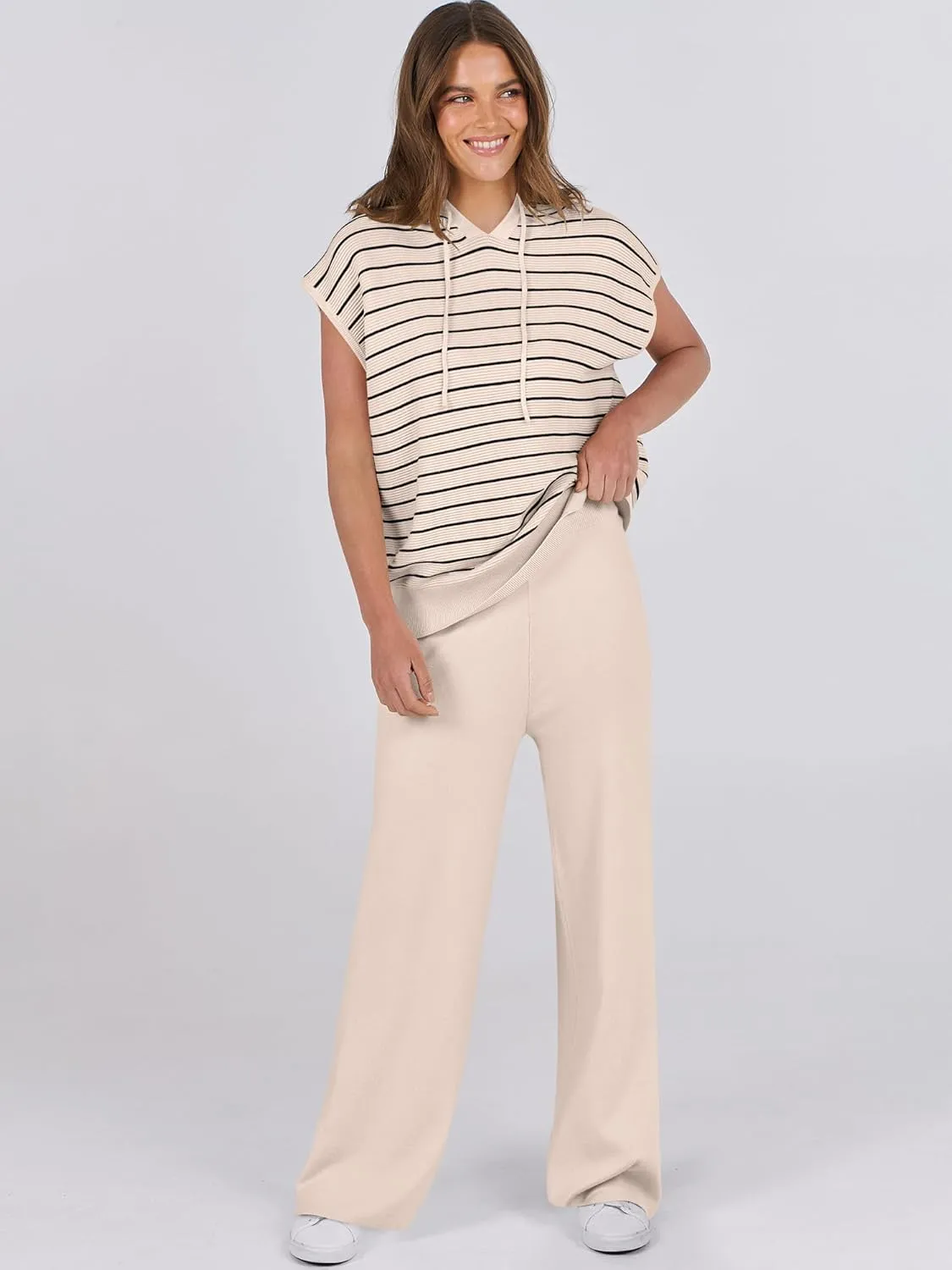 Caracilia Women 2 Piece Outfits Summer Sleeveless Tops Knit Pants Sweater Lounge Matching Sets