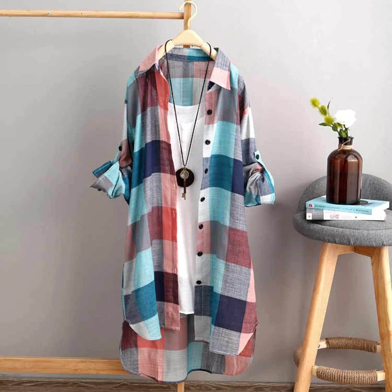 Cardigan for Women 2025 Plaid Print Tunic Tops Fall Fashion Plus Size Open Front Roll Up Sleeve Button Down Long Shirts