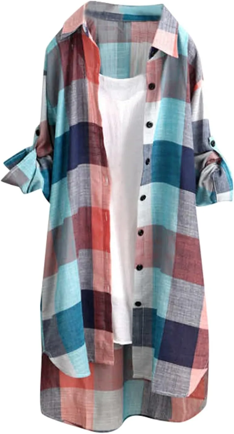 Cardigan for Women 2025 Plaid Print Tunic Tops Fall Fashion Plus Size Open Front Roll Up Sleeve Button Down Long Shirts