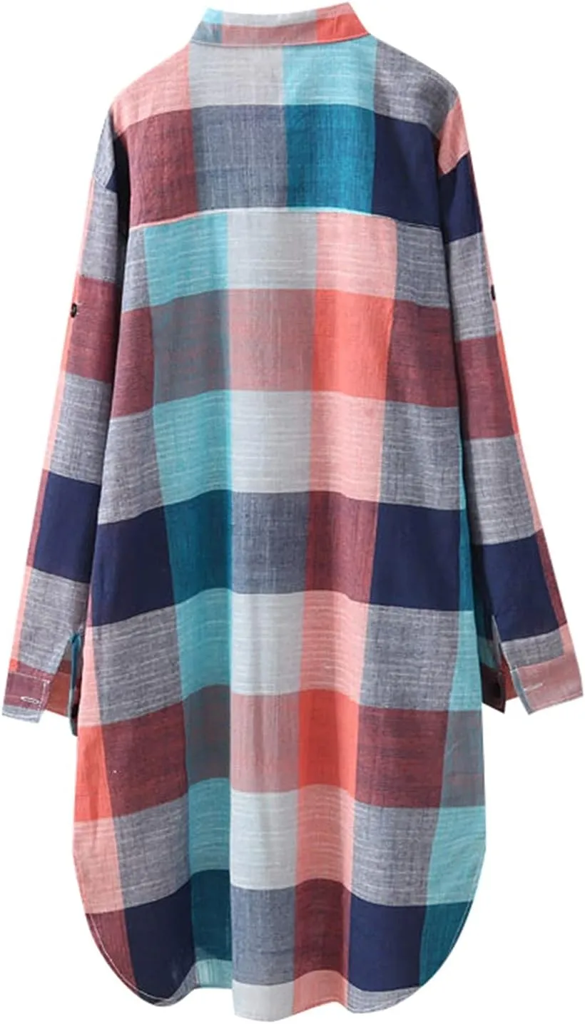 Cardigan for Women 2025 Plaid Print Tunic Tops Fall Fashion Plus Size Open Front Roll Up Sleeve Button Down Long Shirts