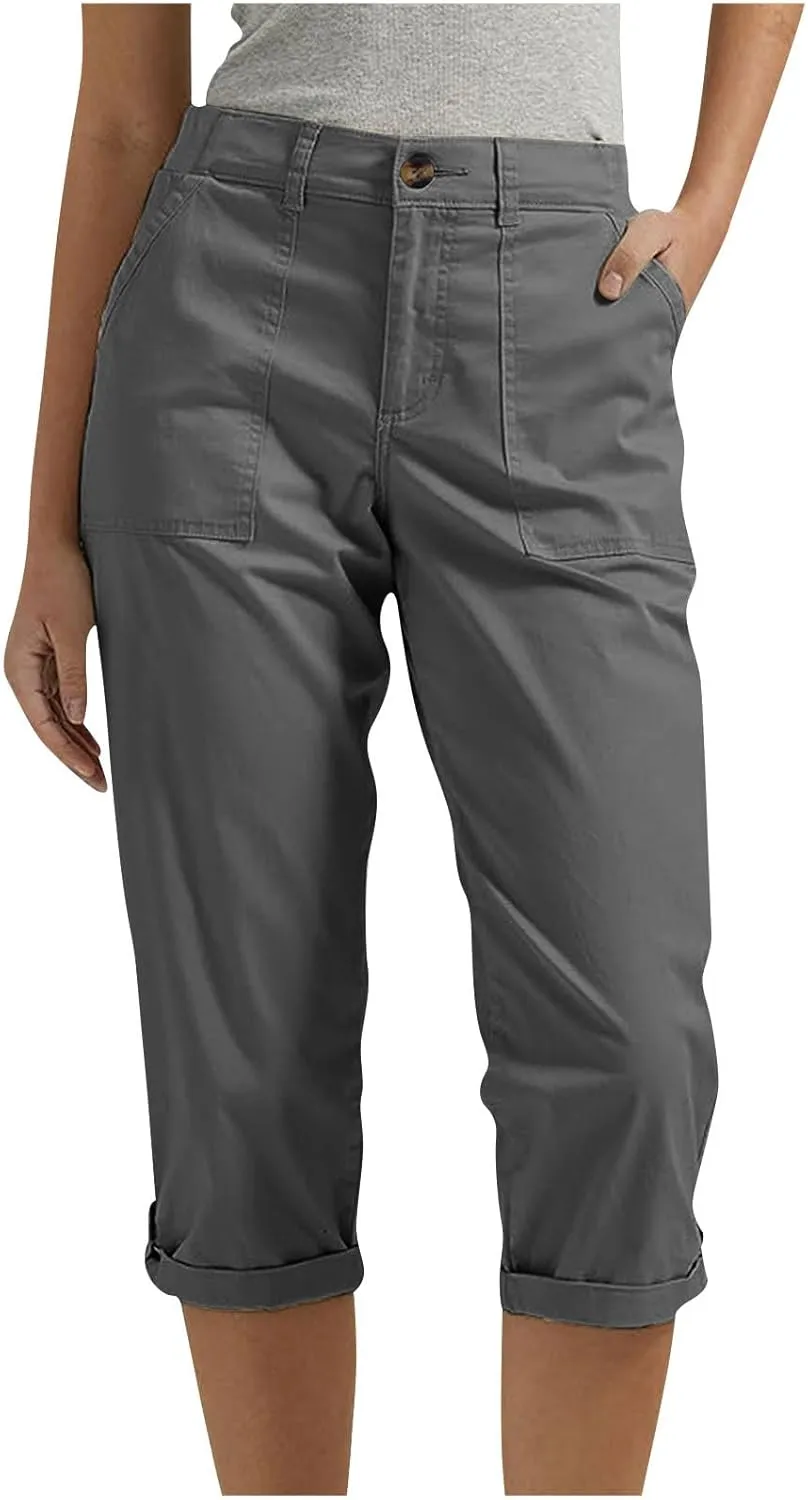 Cargo Capri Pants for Women Dressy Casual High Waisted Capris Summer Loose Elastic Waist Cropped Trouser with Pockets
