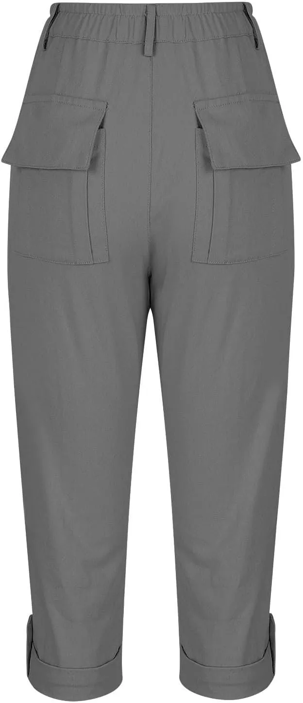 Cargo Capri Pants for Women Dressy Casual High Waisted Capris Summer Loose Elastic Waist Cropped Trouser with Pockets