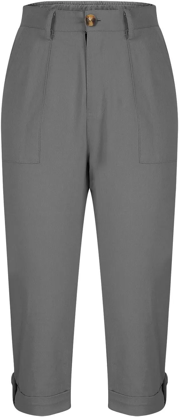 Cargo Capri Pants for Women Dressy Casual High Waisted Capris Summer Loose Elastic Waist Cropped Trouser with Pockets