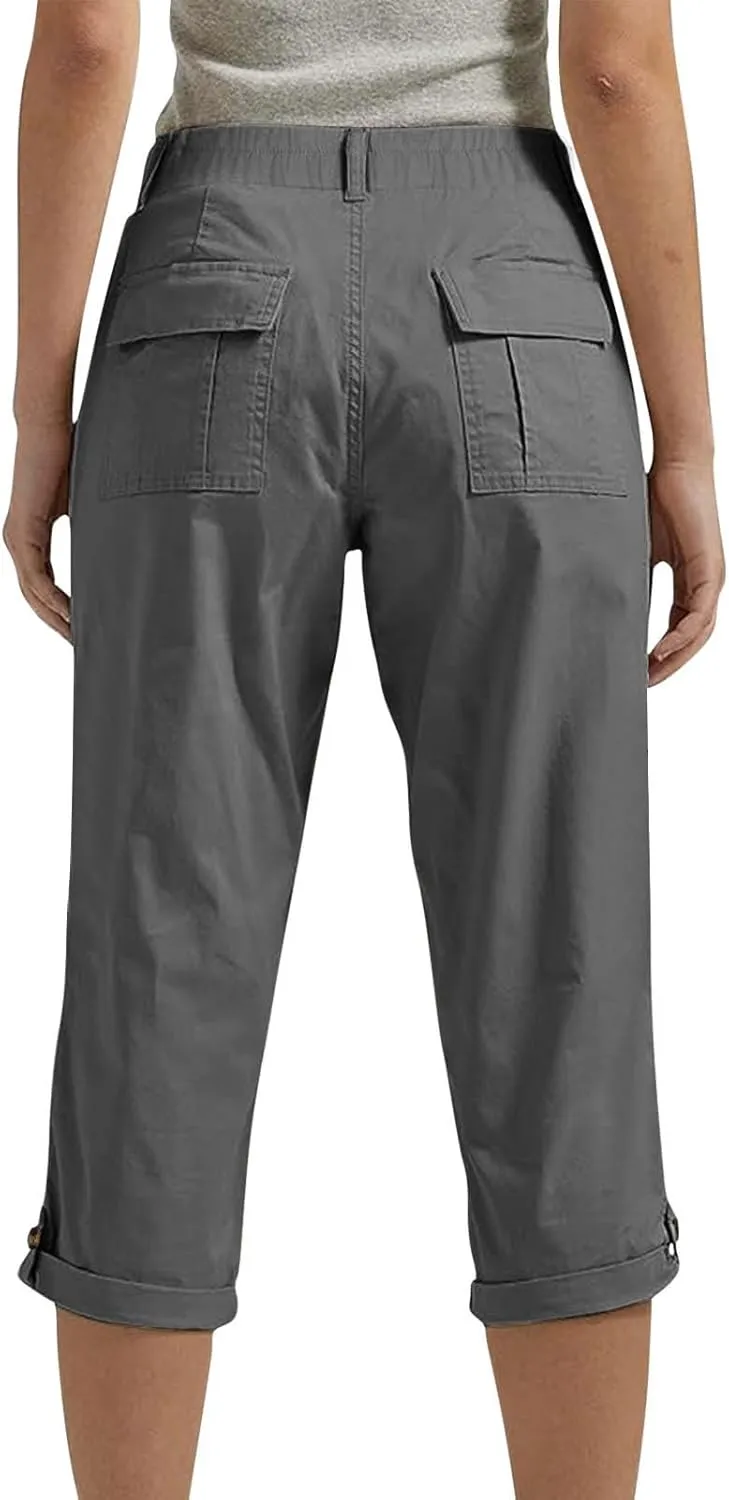 Cargo Capri Pants for Women Dressy Casual High Waisted Capris Summer Loose Elastic Waist Cropped Trouser with Pockets
