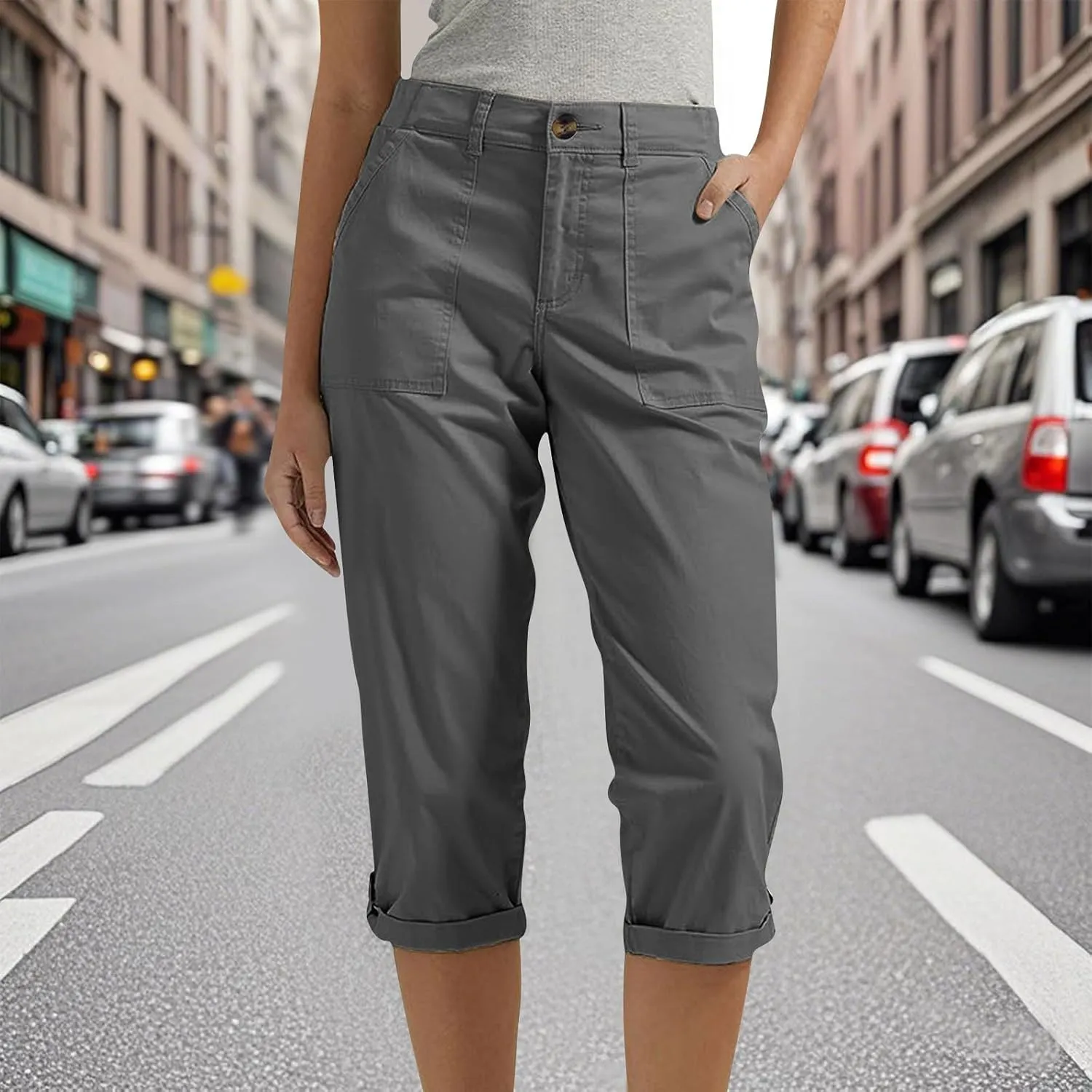 Cargo Capri Pants for Women Dressy Casual High Waisted Capris Summer Loose Elastic Waist Cropped Trouser with Pockets