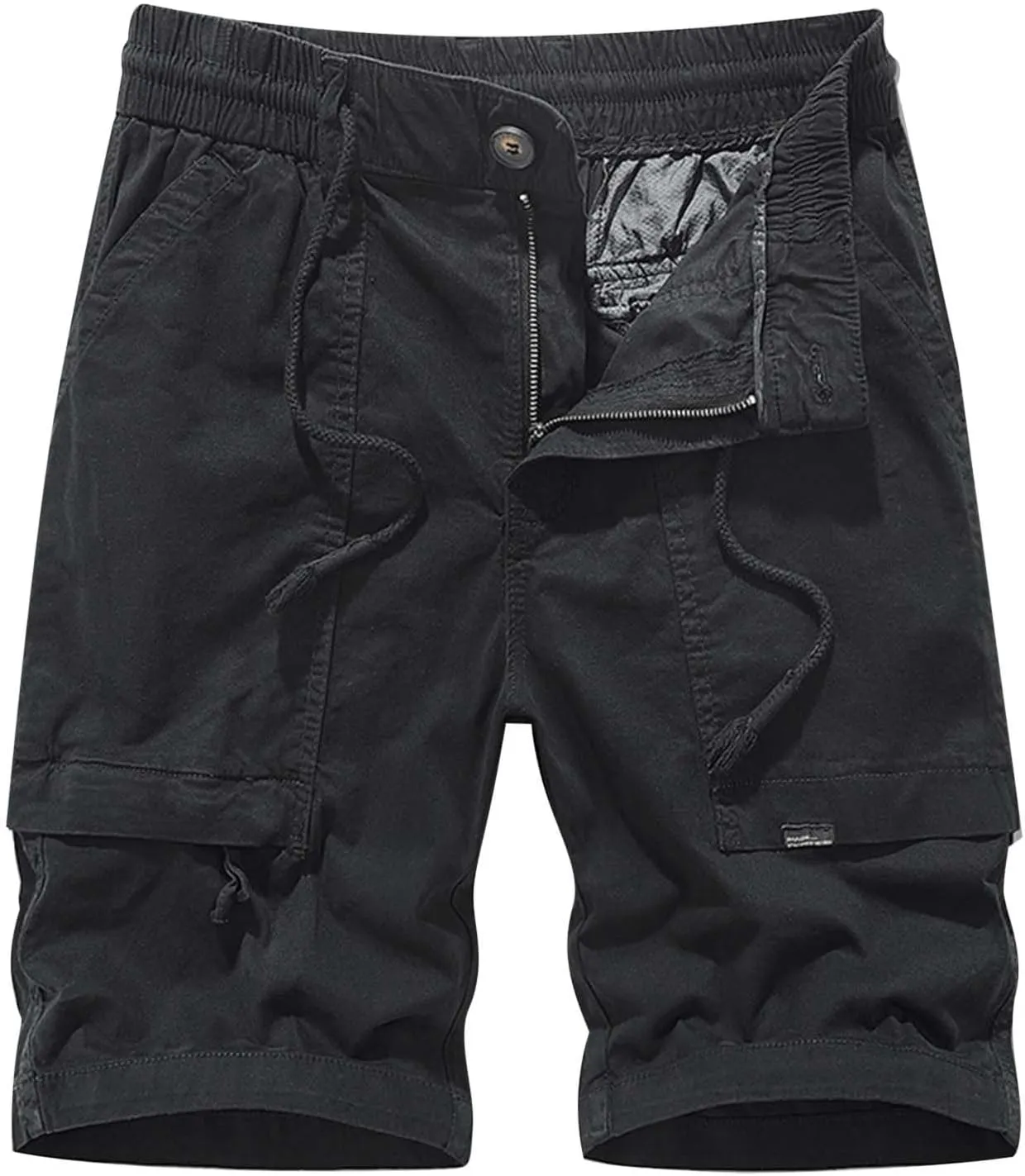 Cargo Shorts for Man Waterproof Stretch Drawstring Relaxed Fit Work Hiking Pants Zipper Camping Shorts with Pockets Black 34