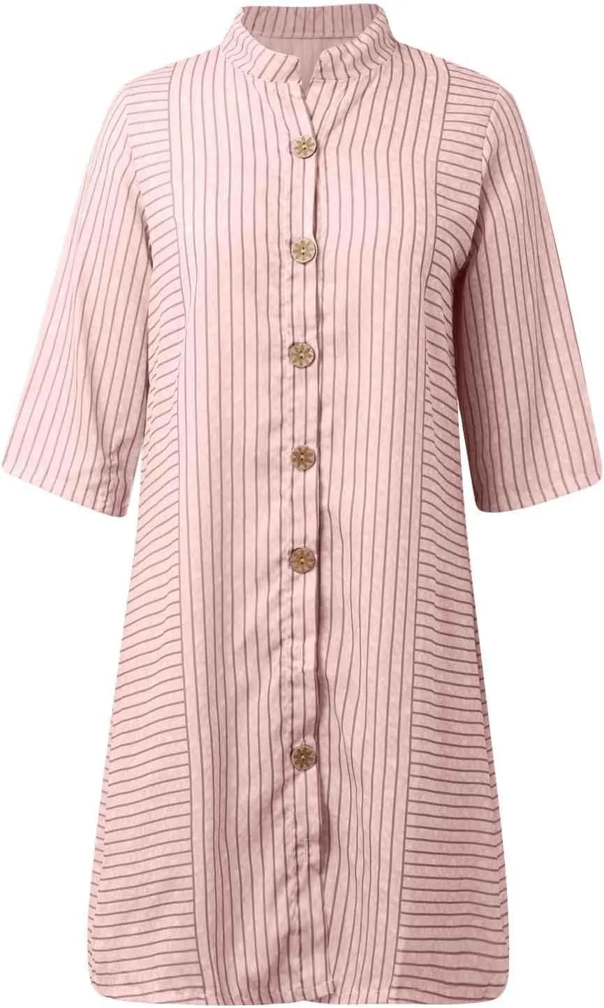Casual Linen Shirt Dresses for Women Fitted Striped Button V Neck Midi Dress with Sleeves Baby Shower Outfit for Guest