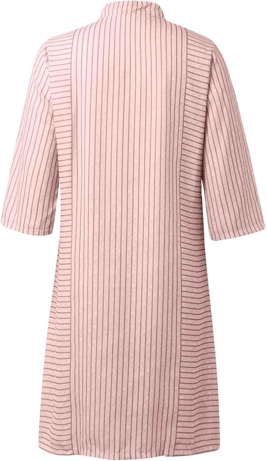 Casual Linen Shirt Dresses for Women Fitted Striped Button V Neck Midi Dress with Sleeves Baby Shower Outfit for Guest