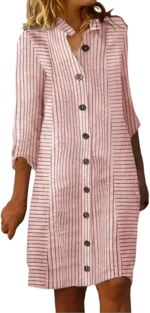 Casual Linen Shirt Dresses for Women Fitted Striped Button V Neck Midi Dress with Sleeves Baby Shower Outfit for Guest