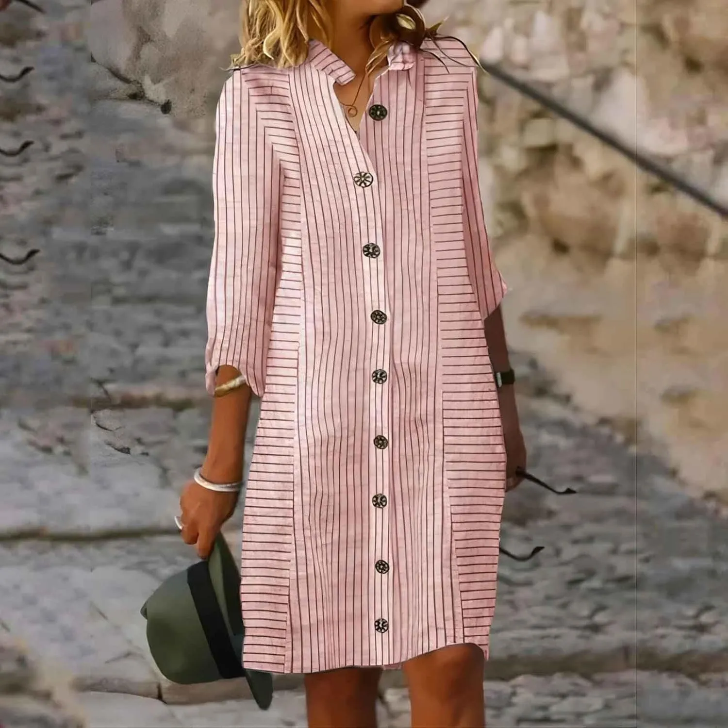 Casual Linen Shirt Dresses for Women Fitted Striped Button V Neck Midi Dress with Sleeves Baby Shower Outfit for Guest