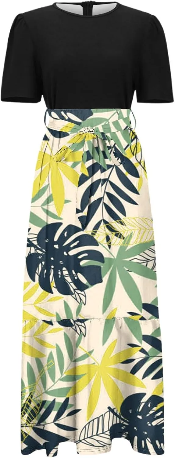 Casual Maxi Dresses for Women 2025 Tie Belted Patchwork Ruffle Hem A Line Boho Dress Short Sleeve Flowy Long Dress