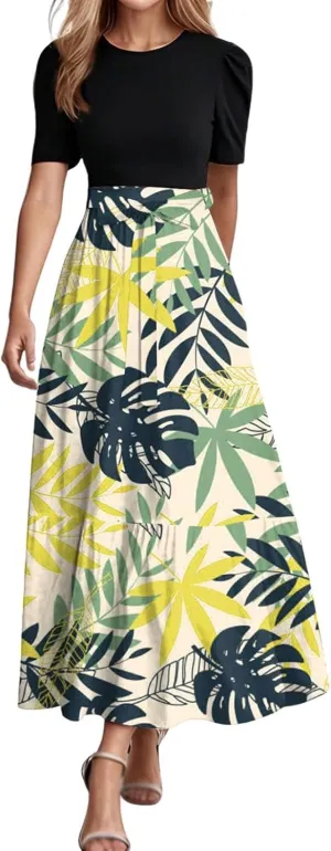 Casual Maxi Dresses for Women 2025 Tie Belted Patchwork Ruffle Hem A Line Boho Dress Short Sleeve Flowy Long Dress