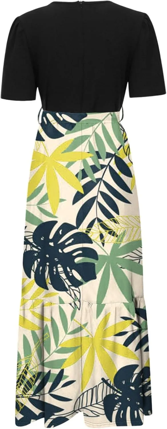 Casual Maxi Dresses for Women 2025 Tie Belted Patchwork Ruffle Hem A Line Boho Dress Short Sleeve Flowy Long Dress