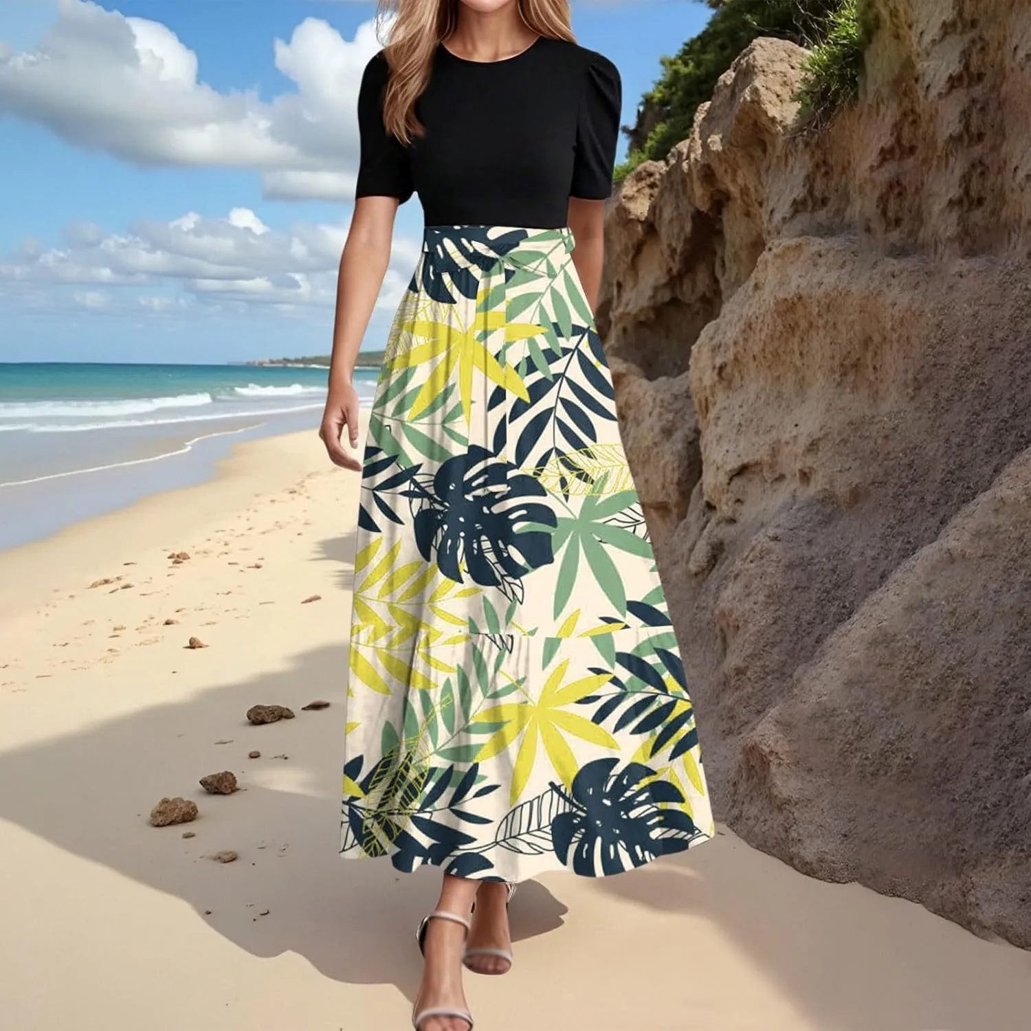 Casual Maxi Dresses for Women 2025 Tie Belted Patchwork Ruffle Hem A Line Boho Dress Short Sleeve Flowy Long Dress