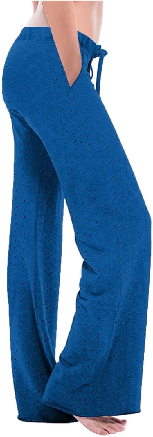 Casual Pants for Women Elastic High Waisted Straight Leg Trousers Lounge Casual Beach Comfy Bottoms with Pockets