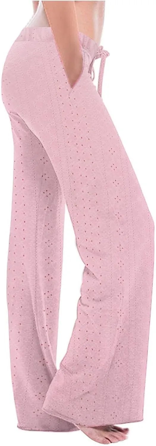 Casual Pants for Women Elastic High Waisted Straight Leg Trousers Lounge Casual Beach Comfy Bottoms with Pockets
