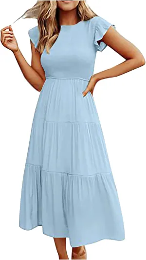 Ceboyel Womens Flutter Sleeve Summer Dresses Bohemian Maxi Long Dress Tiered Ruffle Dresses Elegant Casual Weddings Clothing