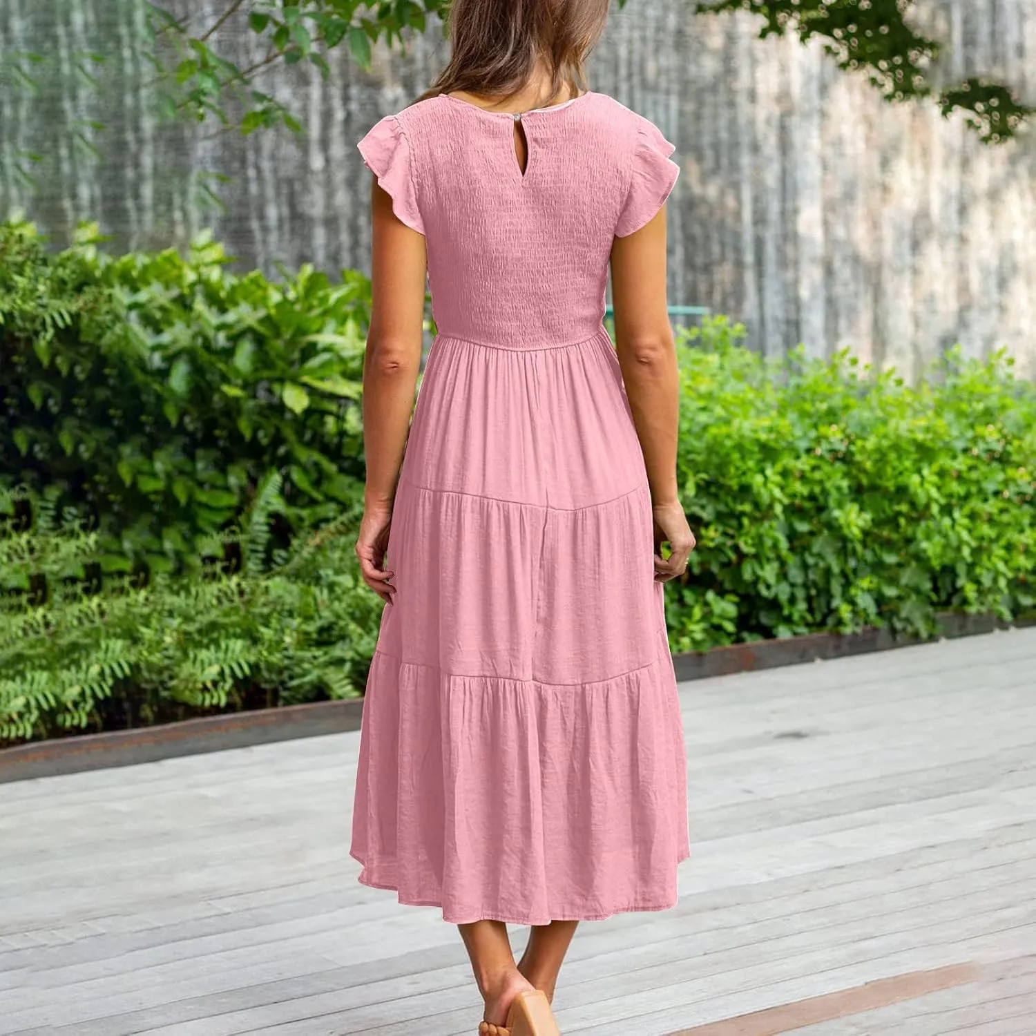 Ceboyel Womens Flutter Sleeve Summer Dresses Bohemian Maxi Long Dress Tiered Ruffle Dresses Elegant Casual Weddings Clothing
