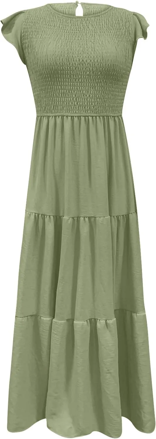 Ceboyel Womens Flutter Sleeve Summer Dresses Bohemian Maxi Long Dress Tiered Ruffle Dresses Elegant Casual Weddings Clothing
