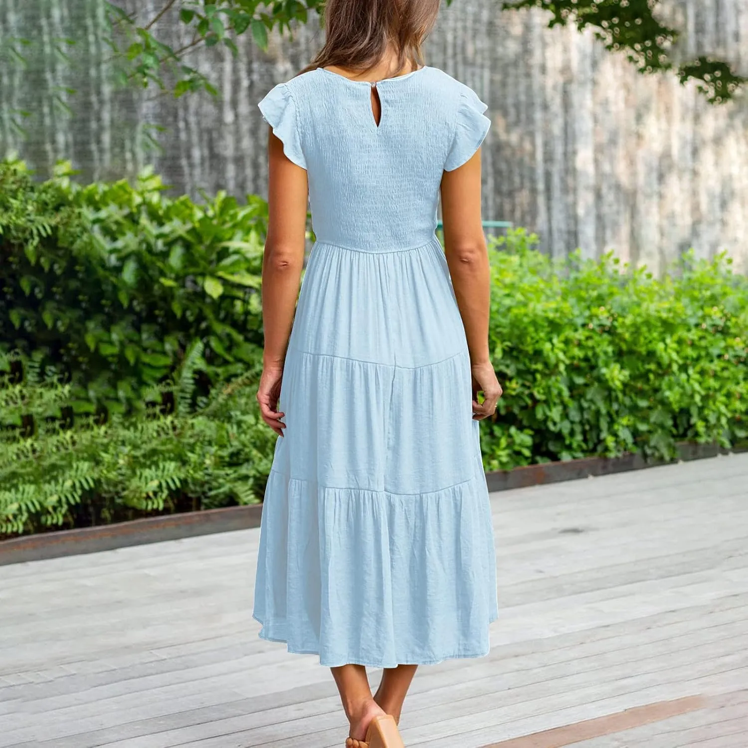 Ceboyel Womens Flutter Sleeve Summer Dresses Bohemian Maxi Long Dress Tiered Ruffle Dresses Elegant Casual Weddings Clothing