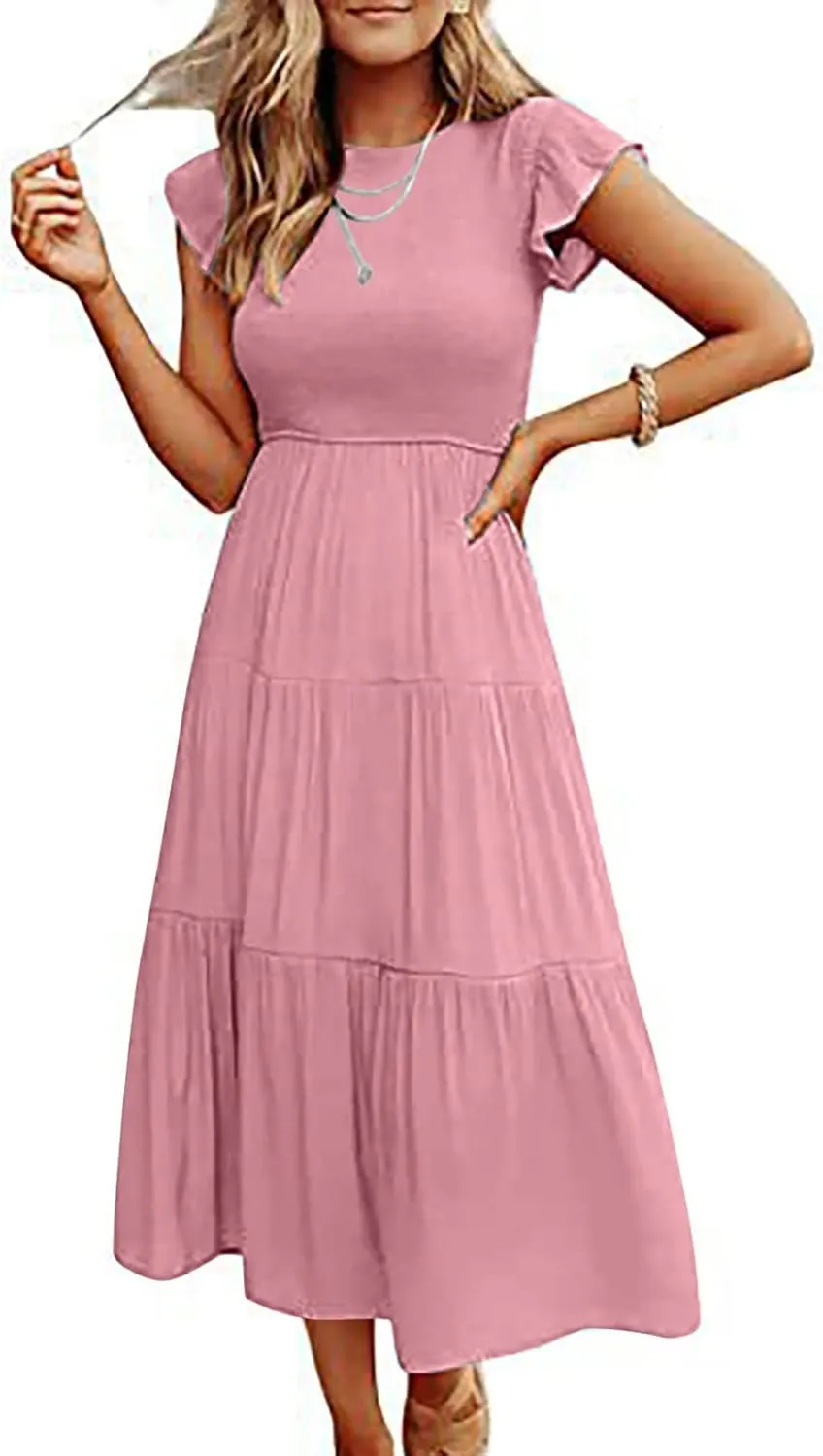 Ceboyel Womens Flutter Sleeve Summer Dresses Bohemian Maxi Long Dress Tiered Ruffle Dresses Elegant Casual Weddings Clothing