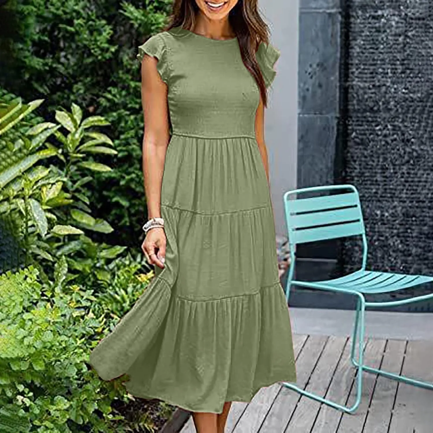 Ceboyel Womens Flutter Sleeve Summer Dresses Bohemian Maxi Long Dress Tiered Ruffle Dresses Elegant Casual Weddings Clothing