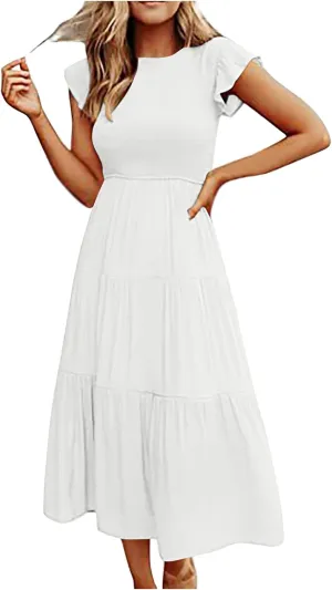 Ceboyel Womens Flutter Sleeve Summer Dresses Bohemian Maxi Long Dress Tiered Ruffle Dresses Elegant Casual Weddings Clothing