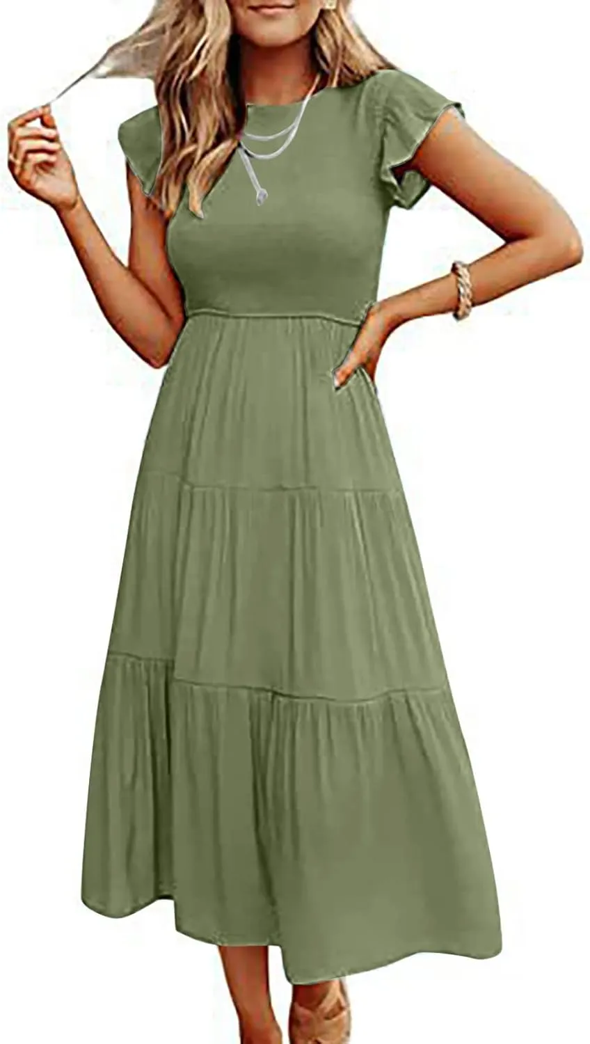 Ceboyel Womens Flutter Sleeve Summer Dresses Bohemian Maxi Long Dress Tiered Ruffle Dresses Elegant Casual Weddings Clothing