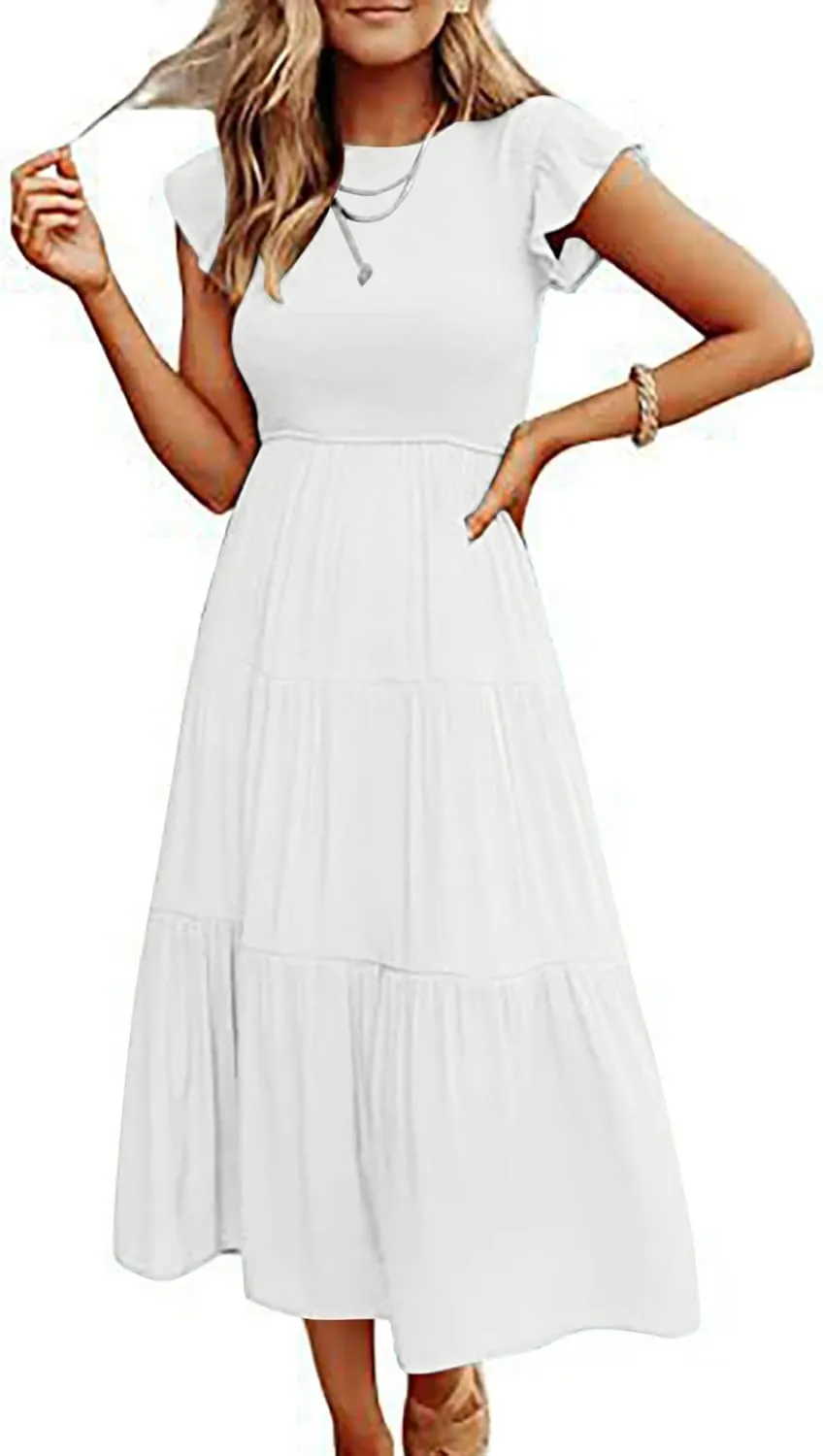 Ceboyel Womens Flutter Sleeve Summer Dresses Bohemian Maxi Long Dress Tiered Ruffle Dresses Elegant Casual Weddings Clothing