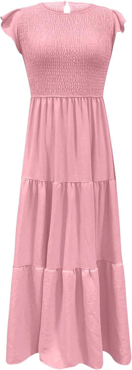 Ceboyel Womens Flutter Sleeve Summer Dresses Bohemian Maxi Long Dress Tiered Ruffle Dresses Elegant Casual Weddings Clothing
