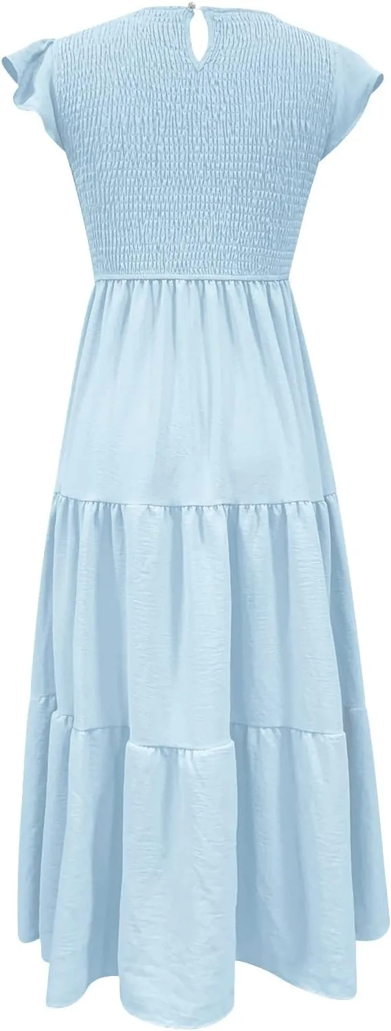 Ceboyel Womens Flutter Sleeve Summer Dresses Bohemian Maxi Long Dress Tiered Ruffle Dresses Elegant Casual Weddings Clothing