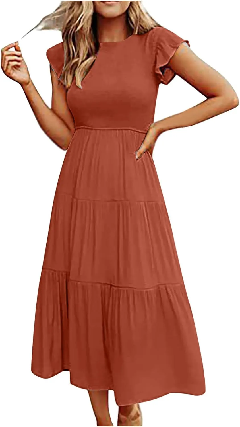 Ceboyel Womens Flutter Sleeve Summer Dresses Bohemian Maxi Long Dress Tiered Ruffle Dresses Elegant Casual Weddings Clothing