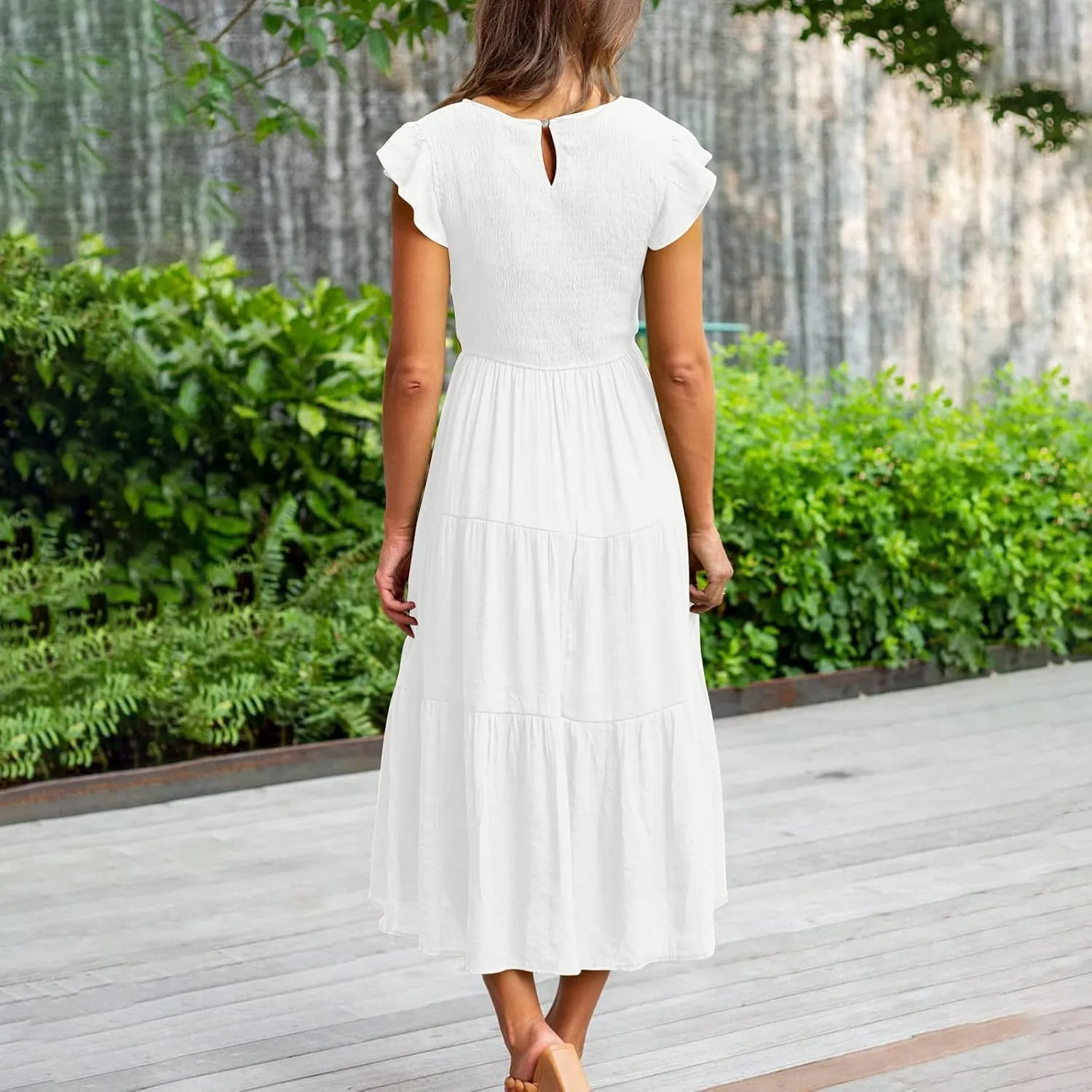Ceboyel Womens Flutter Sleeve Summer Dresses Bohemian Maxi Long Dress Tiered Ruffle Dresses Elegant Casual Weddings Clothing