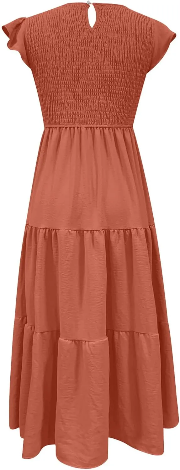 Ceboyel Womens Flutter Sleeve Summer Dresses Bohemian Maxi Long Dress Tiered Ruffle Dresses Elegant Casual Weddings Clothing