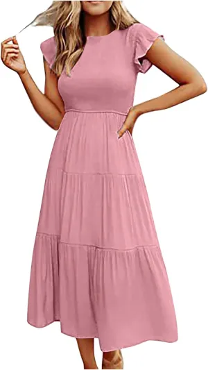 Ceboyel Womens Flutter Sleeve Summer Dresses Bohemian Maxi Long Dress Tiered Ruffle Dresses Elegant Casual Weddings Clothing