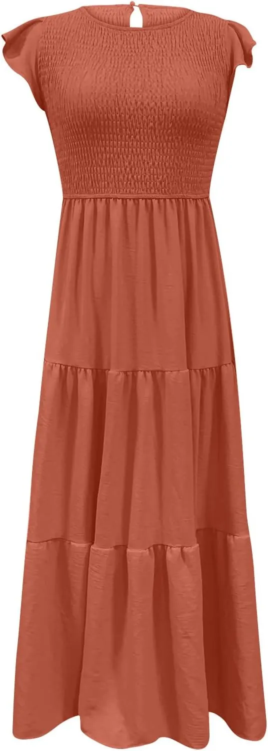 Ceboyel Womens Flutter Sleeve Summer Dresses Bohemian Maxi Long Dress Tiered Ruffle Dresses Elegant Casual Weddings Clothing