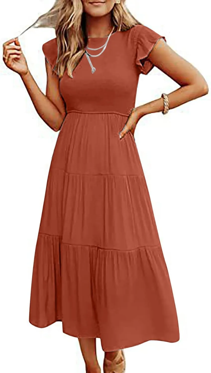 Ceboyel Womens Flutter Sleeve Summer Dresses Bohemian Maxi Long Dress Tiered Ruffle Dresses Elegant Casual Weddings Clothing